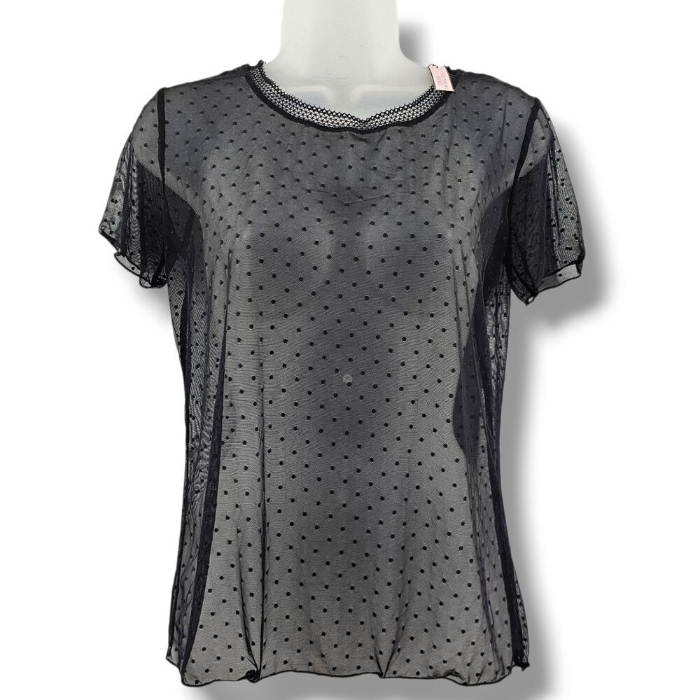 Victorias Secret Sheer Top Black Polka Dot Mesh XS Sexy Whimsigoth Vampy‎ NEW